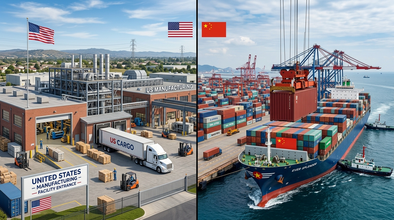 Side-by-side view of a US manufacturing facility and a shipping container leaving a Chinese port, illustrating supply chain transition