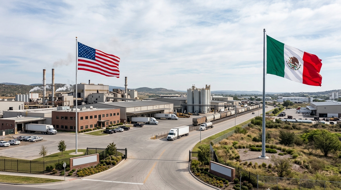 US manufacturing facility and Mexican flag representing nearshoring and reshoring options