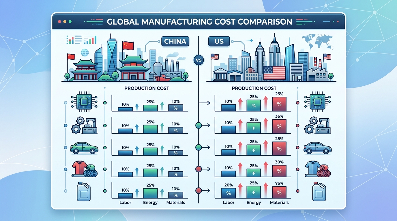 Side-by-side cost comparison chart showing China versus US manufacturing costs across product categories
