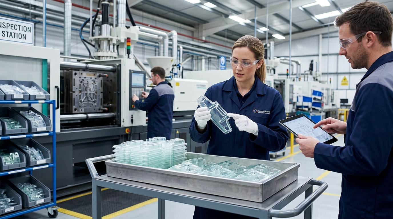 Engineer inspecting injection-molded plastic components during a production transfer audit