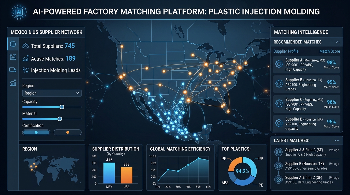 AI-powered factory matching dashboard showing plastic injection molding suppliers across Mexico and the US