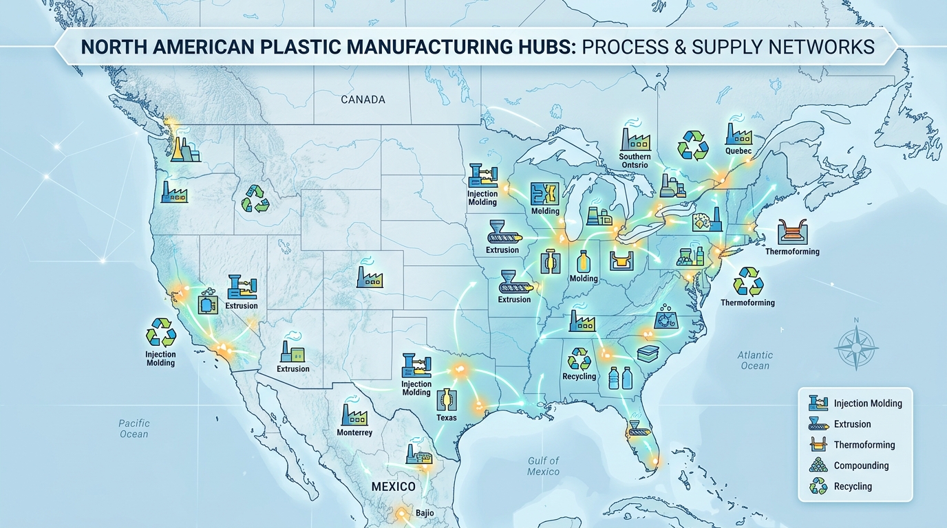 Map of North American manufacturing hubs with plastic process icons overlaid across the US, Mexico, and Canada
