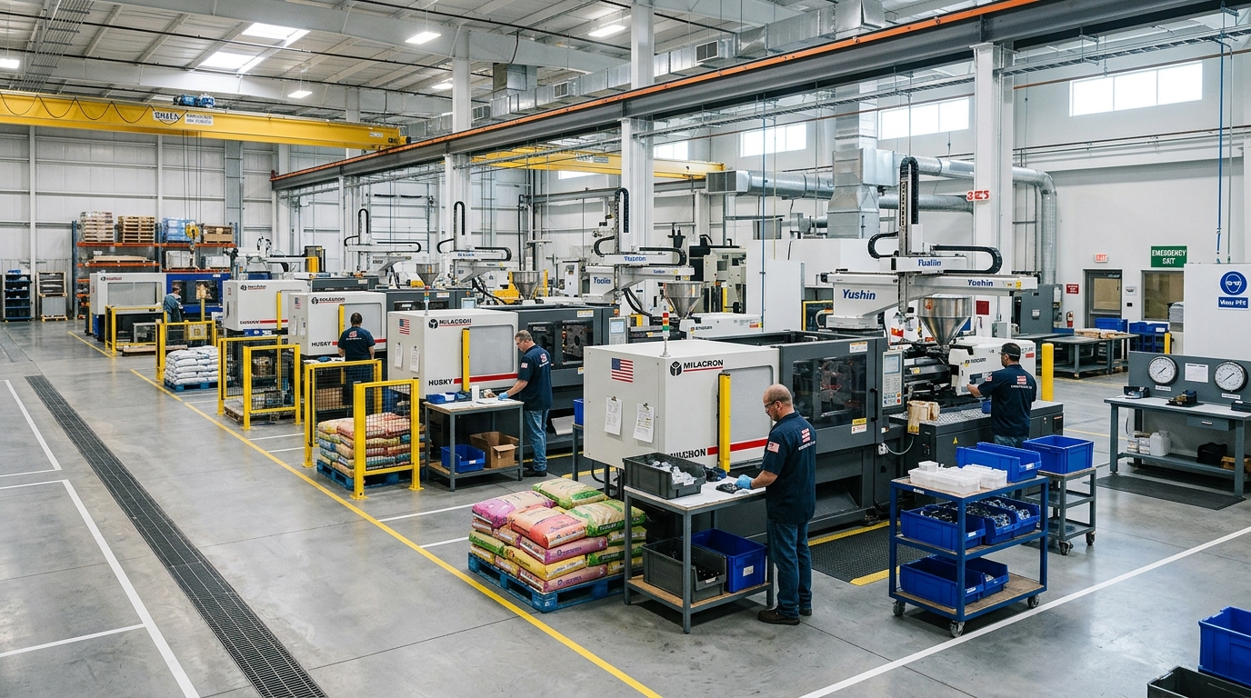 US contract manufacturing facility floor with injection molding machines