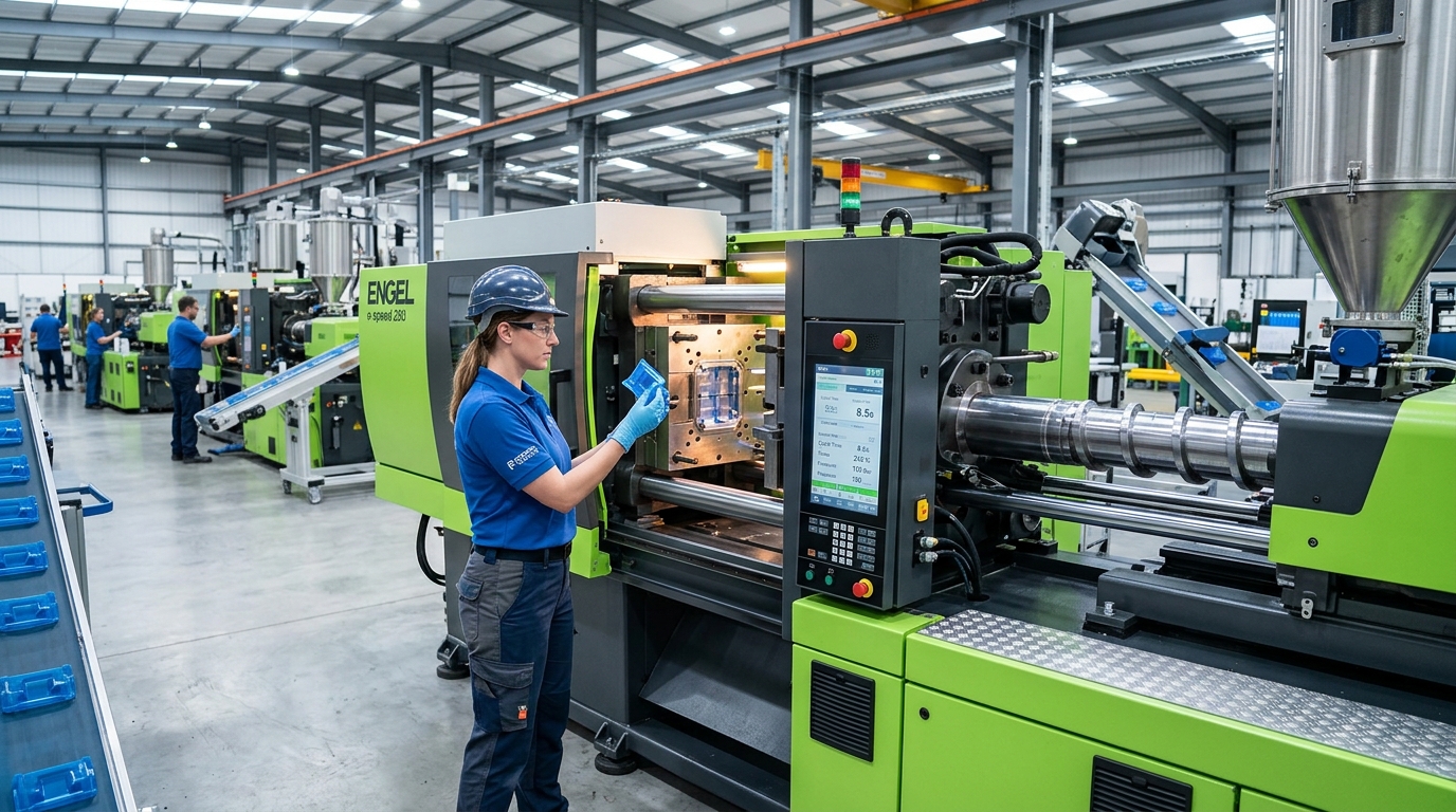 Engineer inspecting an injection molding machine inside a modern nearshore plastics factory