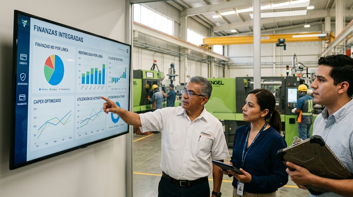 Manufacturing executives reviewing embedded finance dashboards in a Mexican plastic injection molding facility