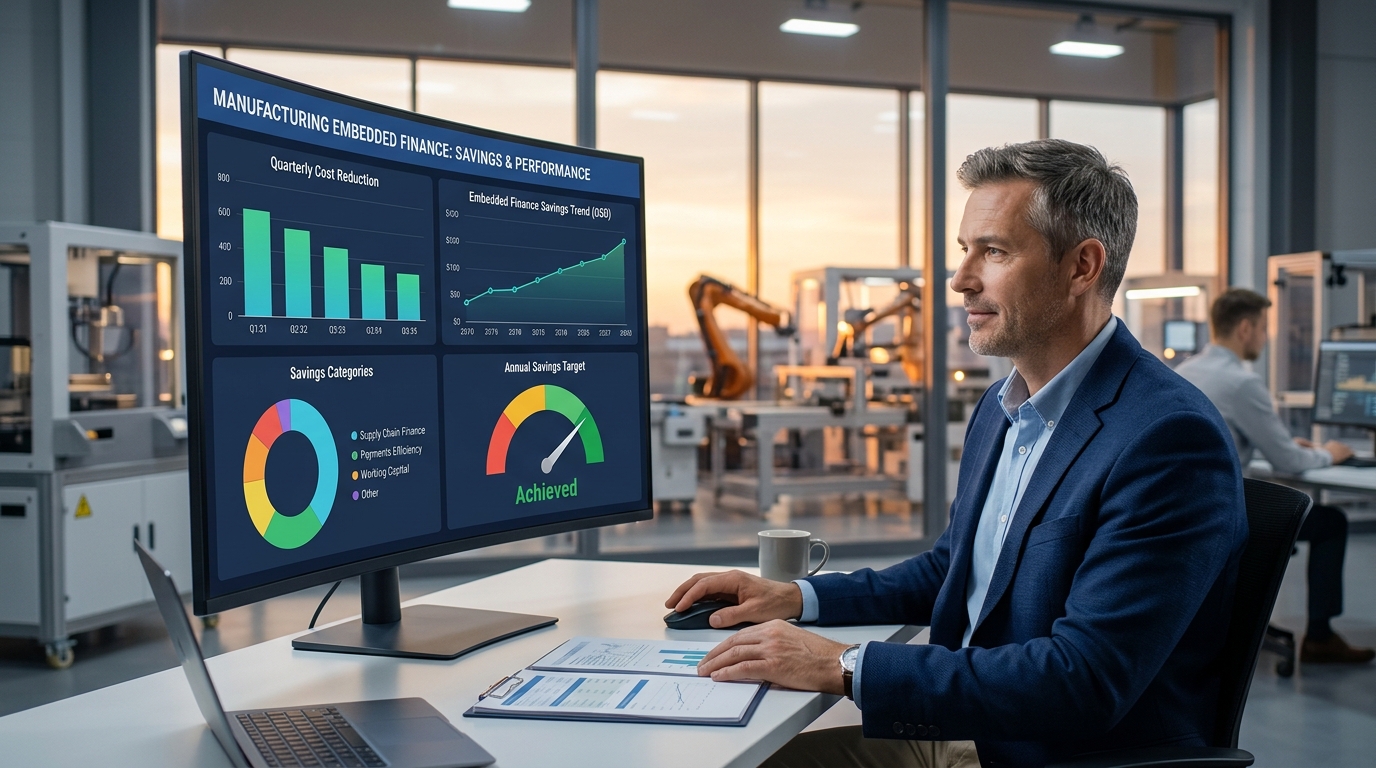 Manufacturer reviewing embedded finance savings on a dashboard