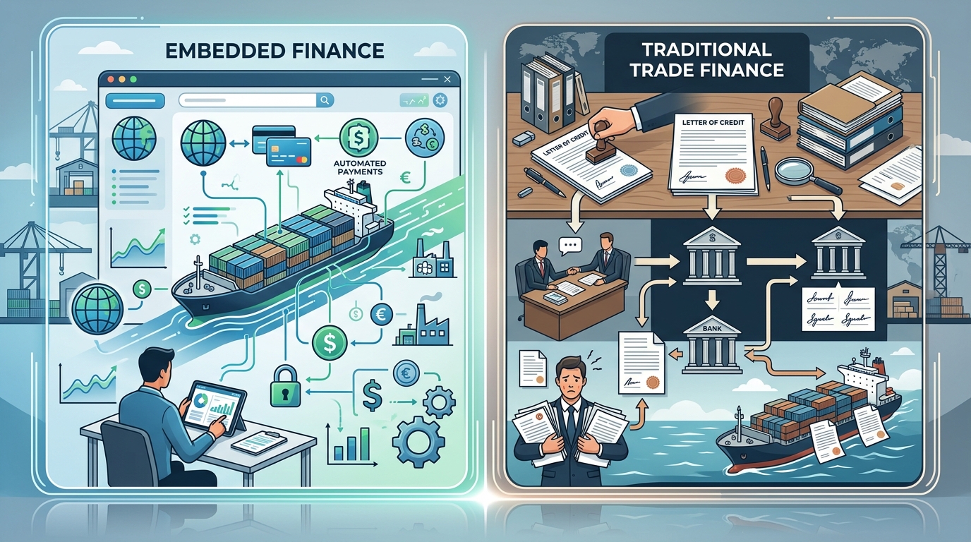 Side-by-side comparison of embedded finance and traditional trade finance for cross-border manufacturing