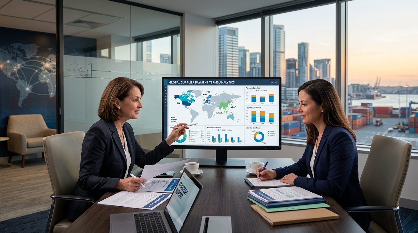 CFO and procurement leader reviewing supplier payment terms across a global supply chain