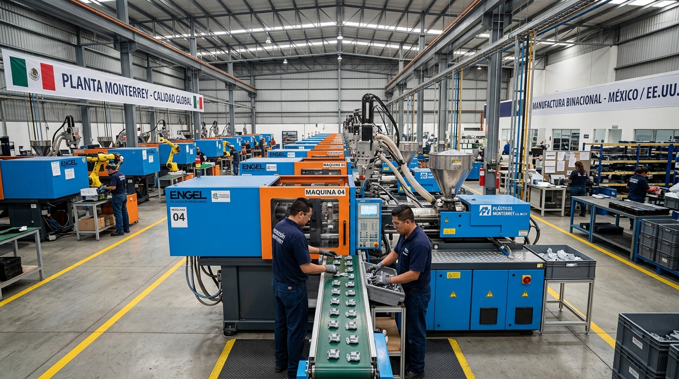A factory floor in Monterrey, Mexico with workers operating injection molding equipment, illustrating cross-border manufacturing operations