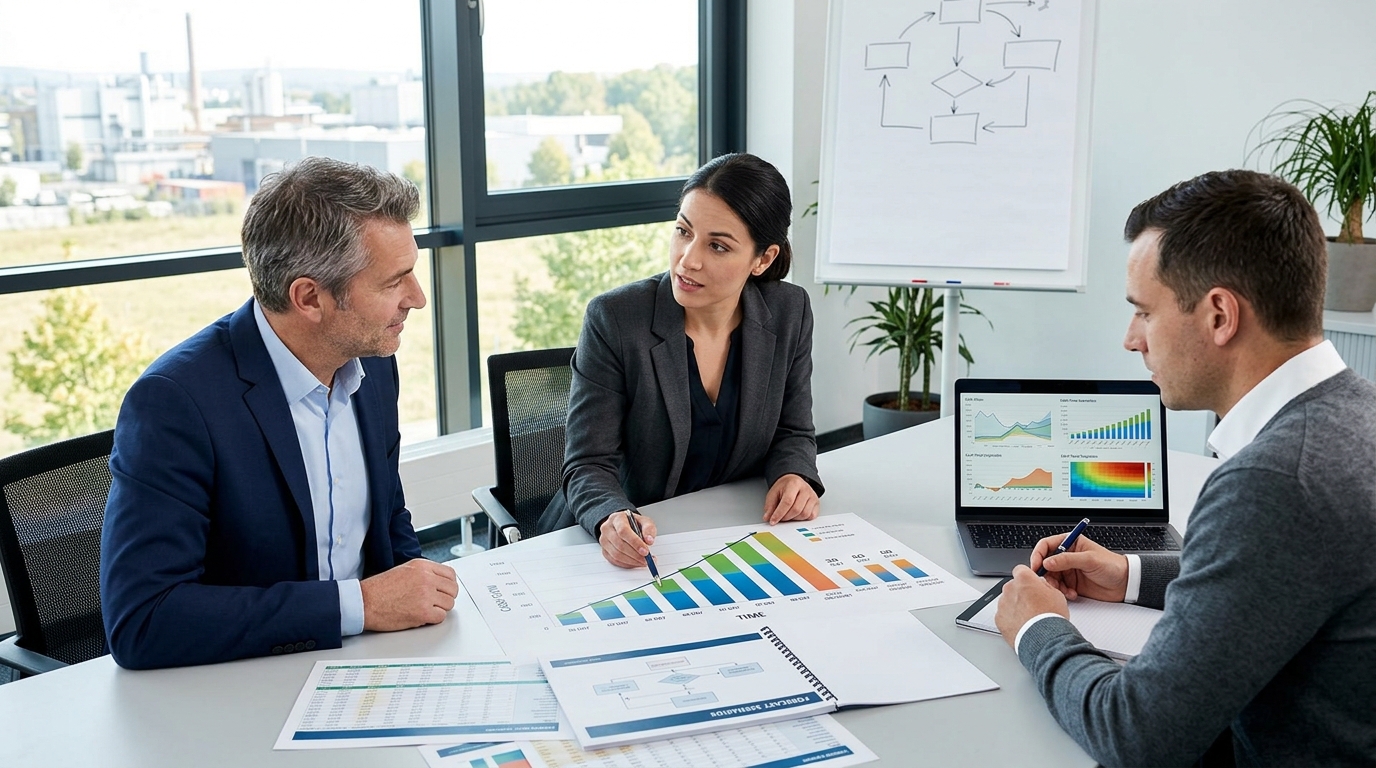 Manufacturer reviewing cash flow forecast with payment terms scenarios