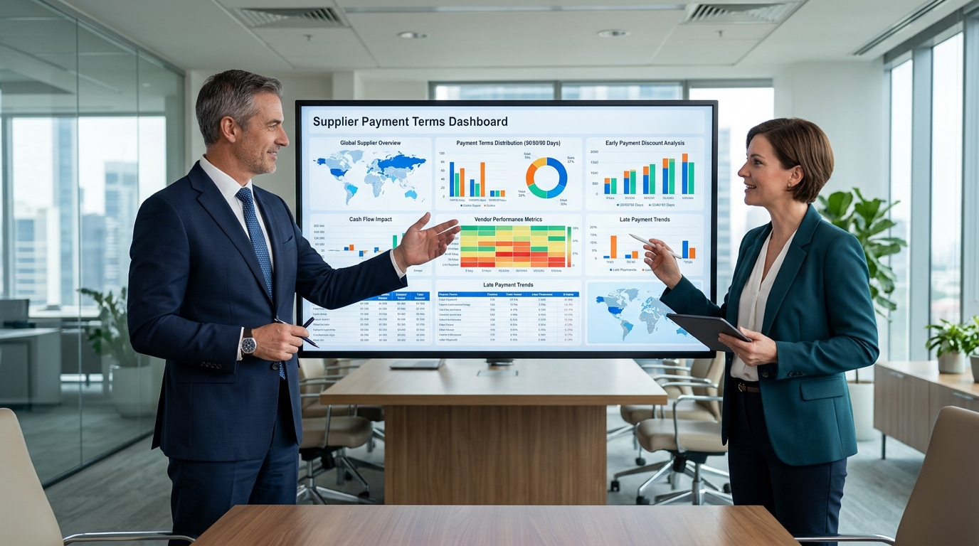 CFO and procurement leader reviewing supplier payment terms on a dashboard