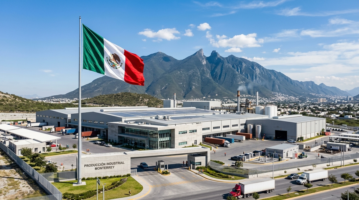 Mexican flag waving over a modern manufacturing facility in Monterrey