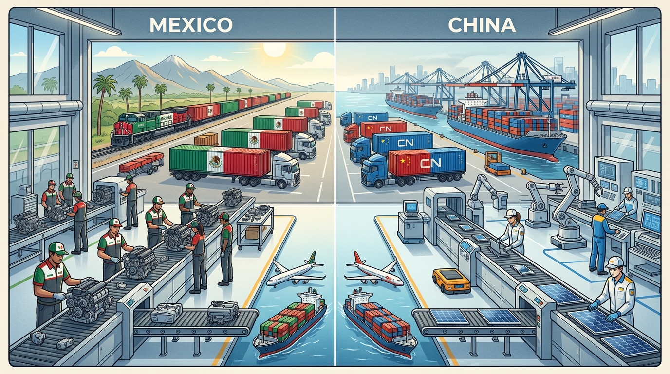 Comparison of Mexico and China manufacturing showing a factory floor and shipping containers