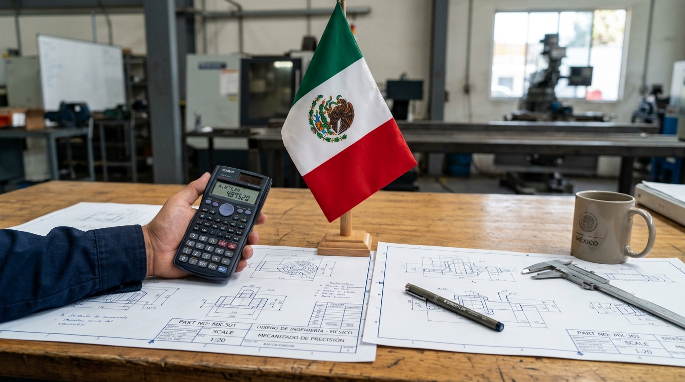 A hand holding a calculator next to a Mexican flag and manufacturing drawings on a desk