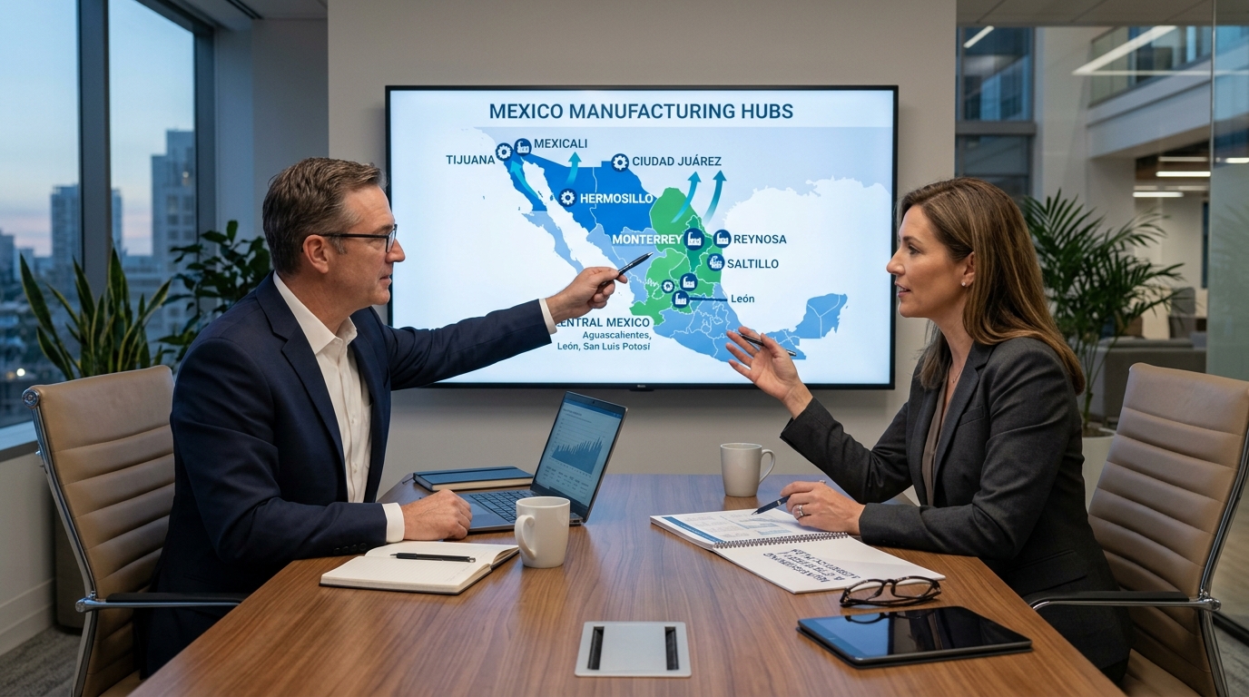 CFO and procurement leader reviewing nearshoring plan with map of Mexico manufacturing hubs
