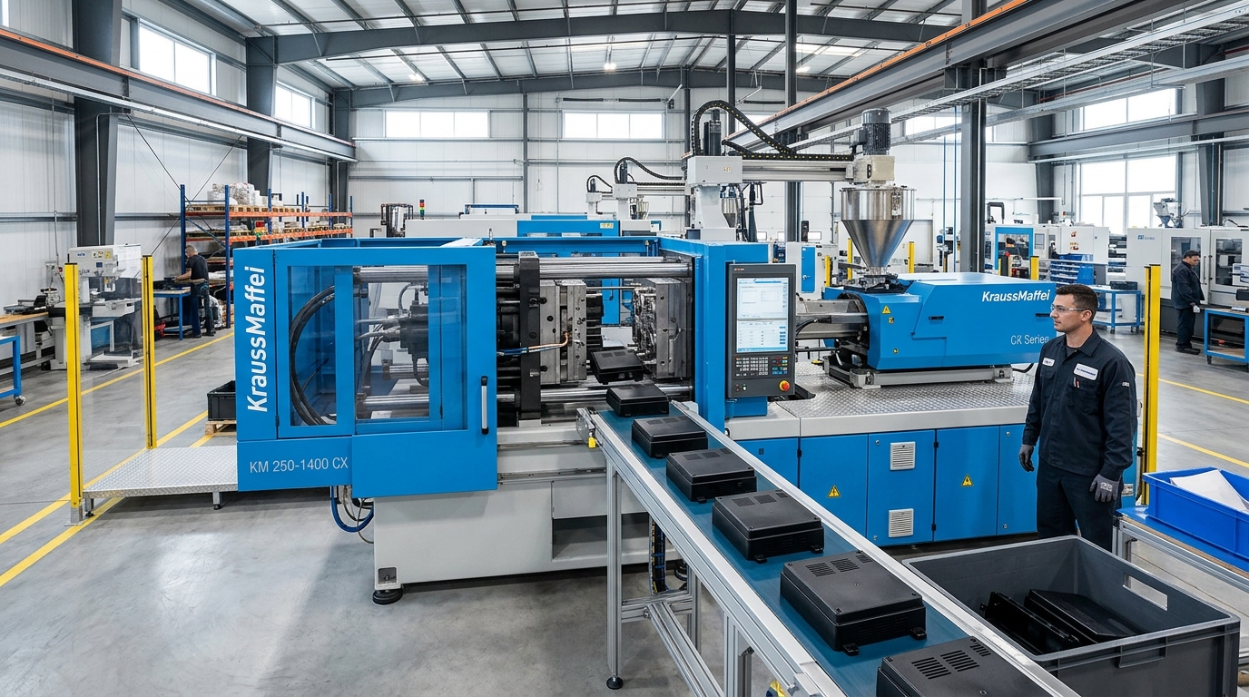 Injection molding machine producing plastic enclosures in a modern Texas factory