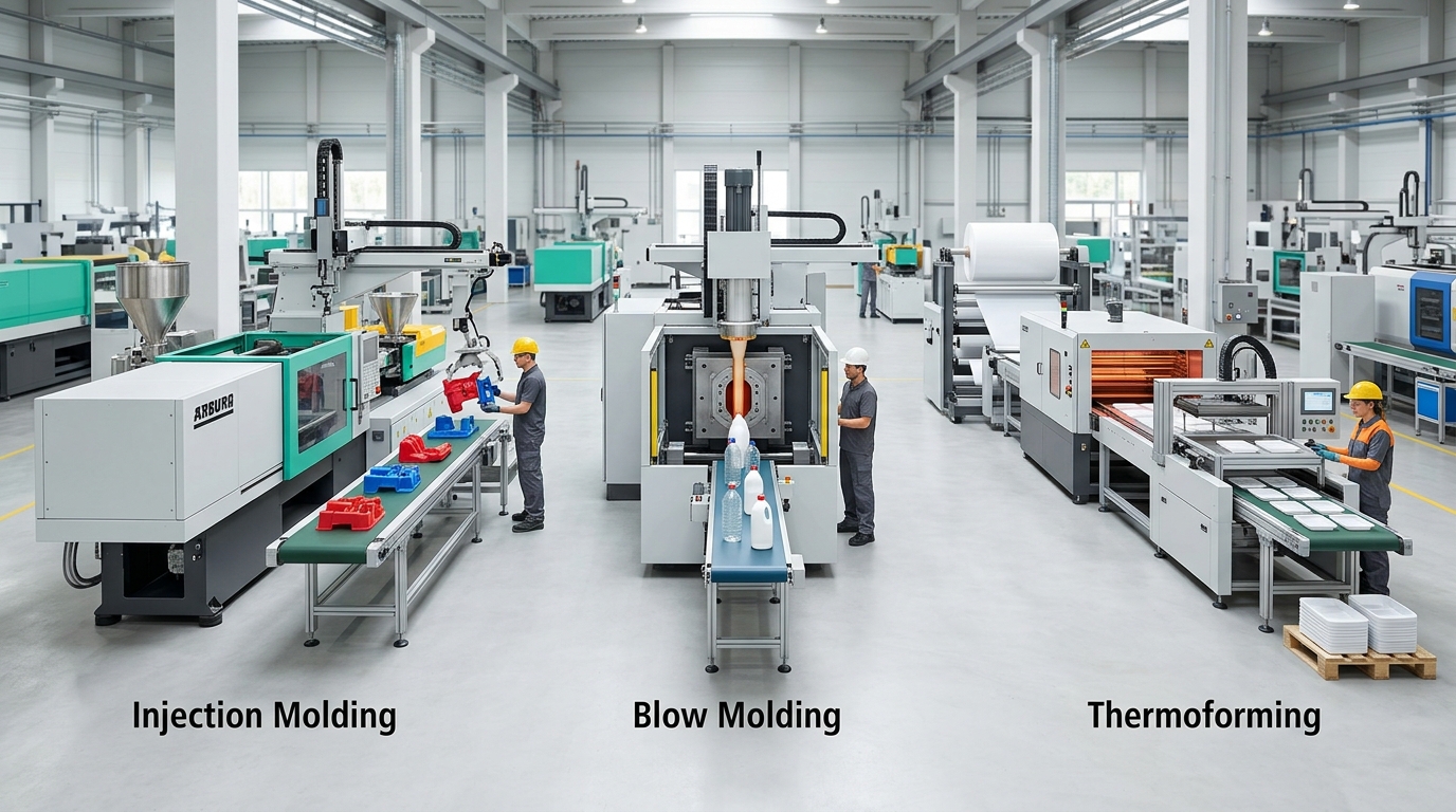 Side-by-side comparison of injection molding, blow molding, and thermoforming production lines
