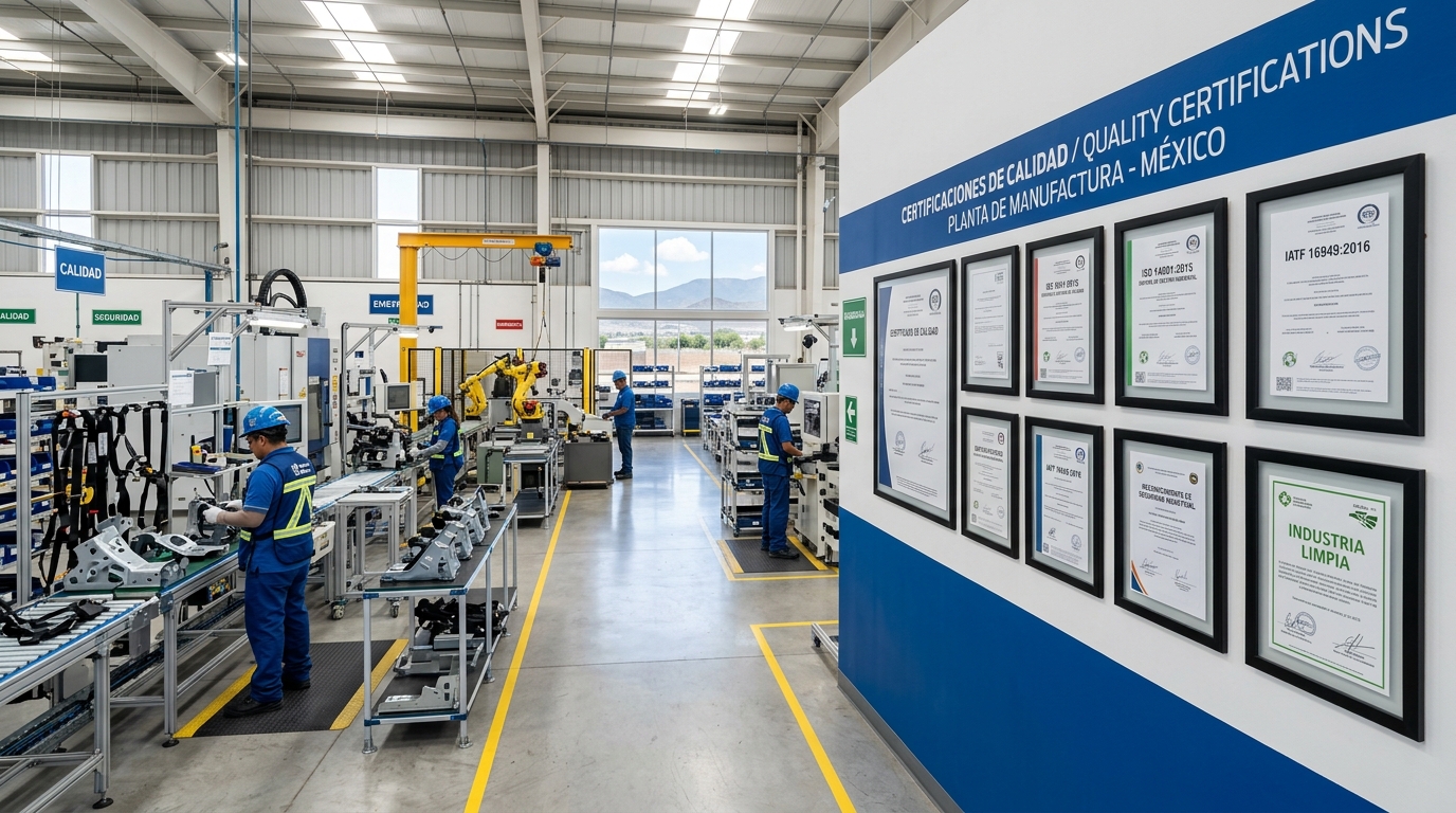 Mexican manufacturing plant with quality certifications displayed