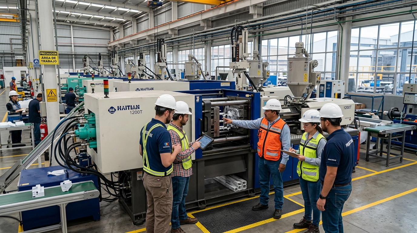 Engineers inspecting a Mexican injection molding factory floor