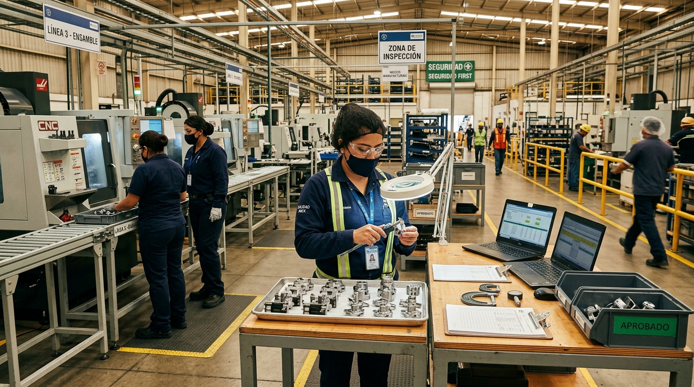 Manufacturing facility floor in Mexico with quality control inspector reviewing components