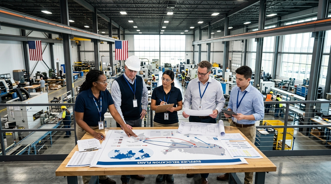 US manufacturing facility with engineers reviewing supplier relocation plans