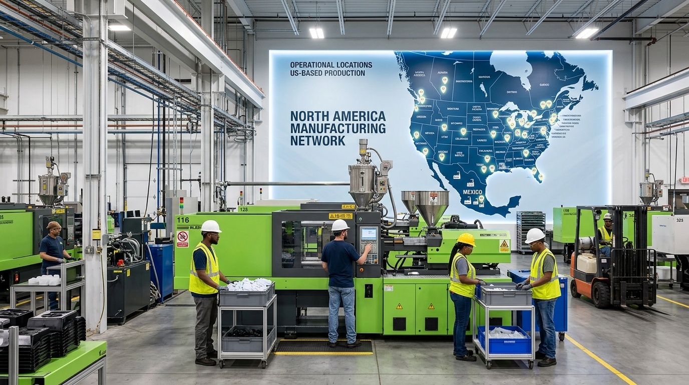 A US factory floor with workers operating injection molding machines, with a map of North America showing manufacturing locations in the background