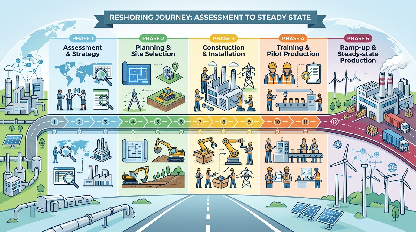 Month-by-month timeline showing the phases of a reshoring project from assessment to steady-state production