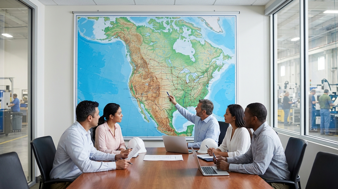A US manufacturer weighing a reshoring decision with a map of North America on the wall