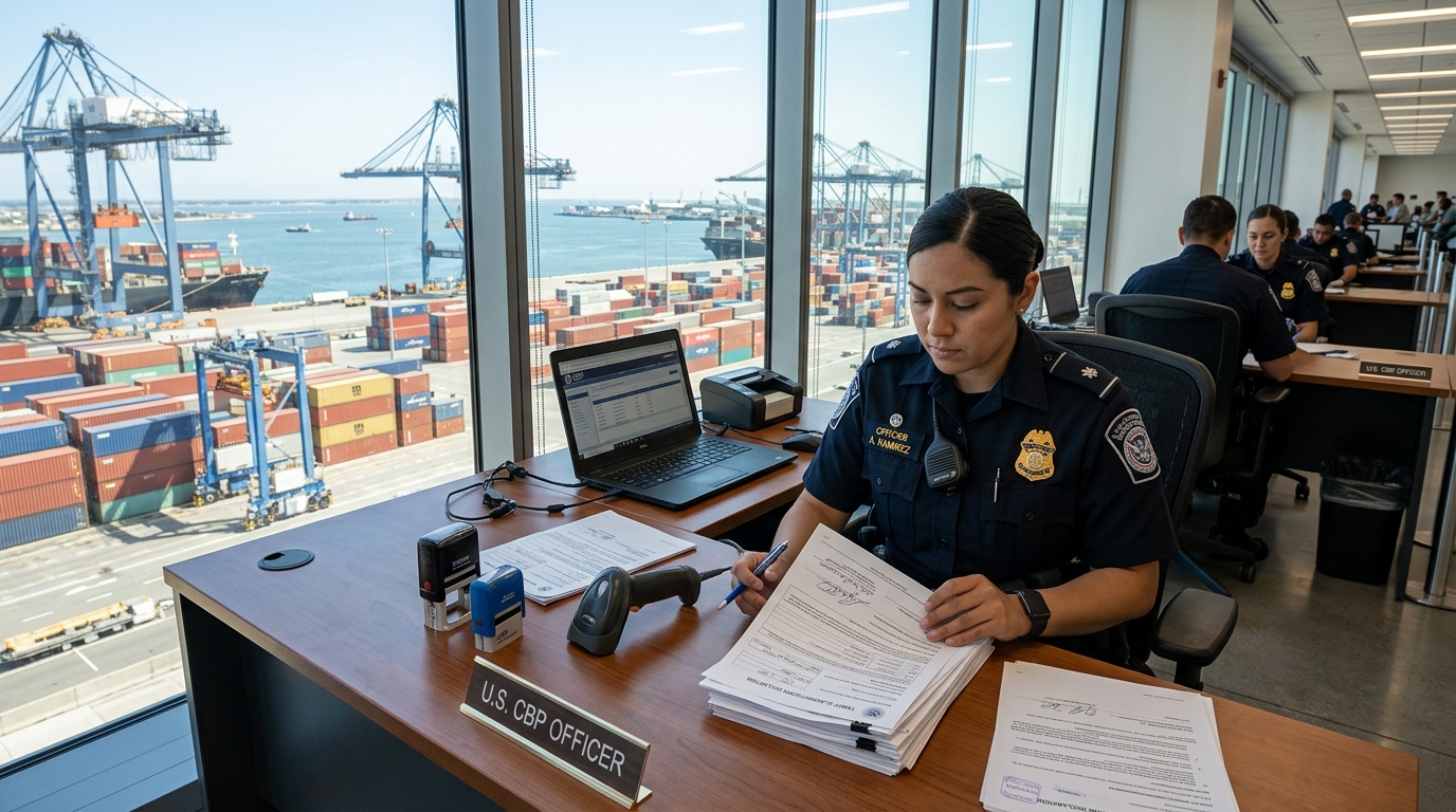 US customs officer reviewing tariff documentation at a port of entry