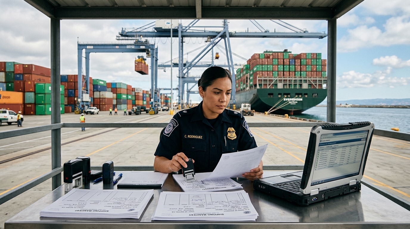 A customs officer reviewing shipping manifests at a US port of entry