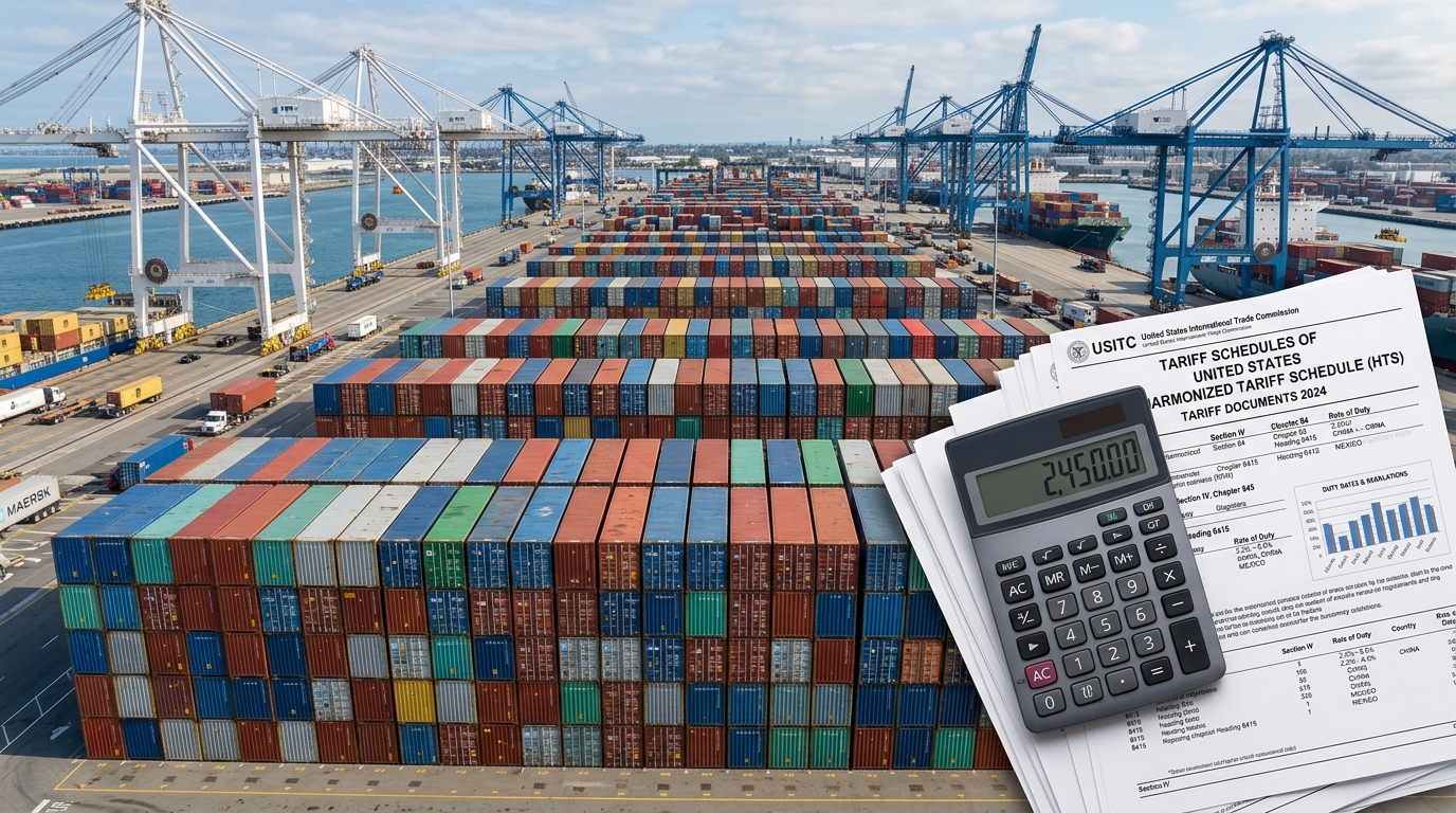 Stack of shipping containers at a US port with a calculator and tariff documents overlay