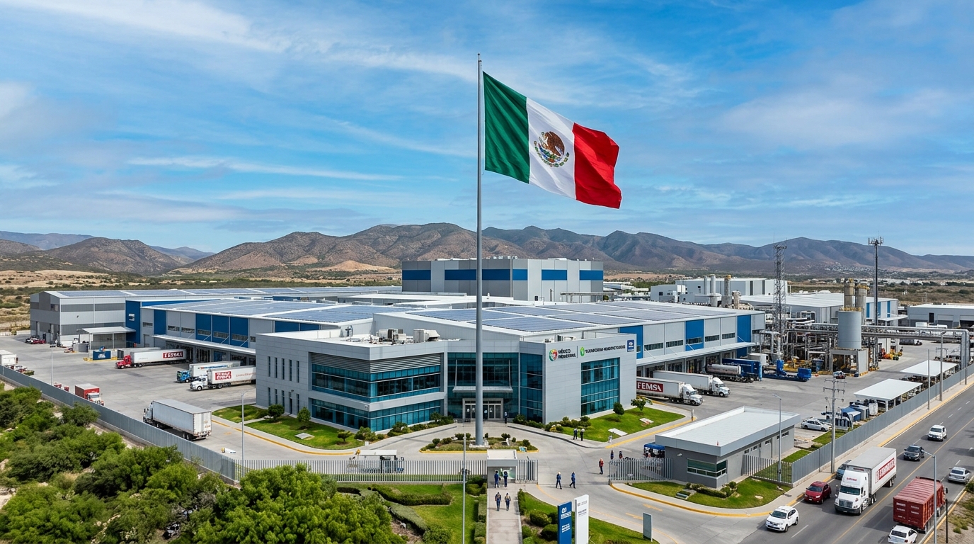 Mexican flag waving over a modern manufacturing facility