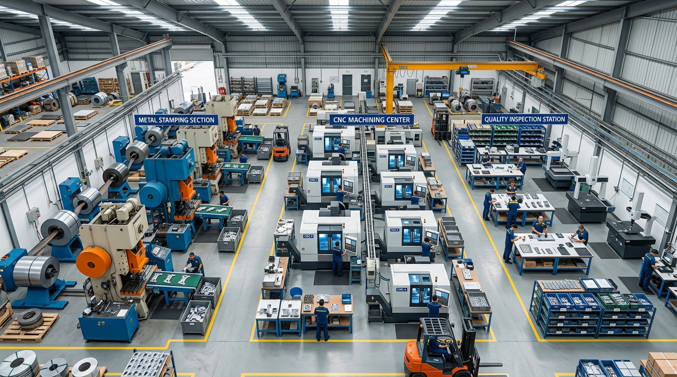 Aerial view of a modern metal stamping facility with CNC machines and quality inspection stations