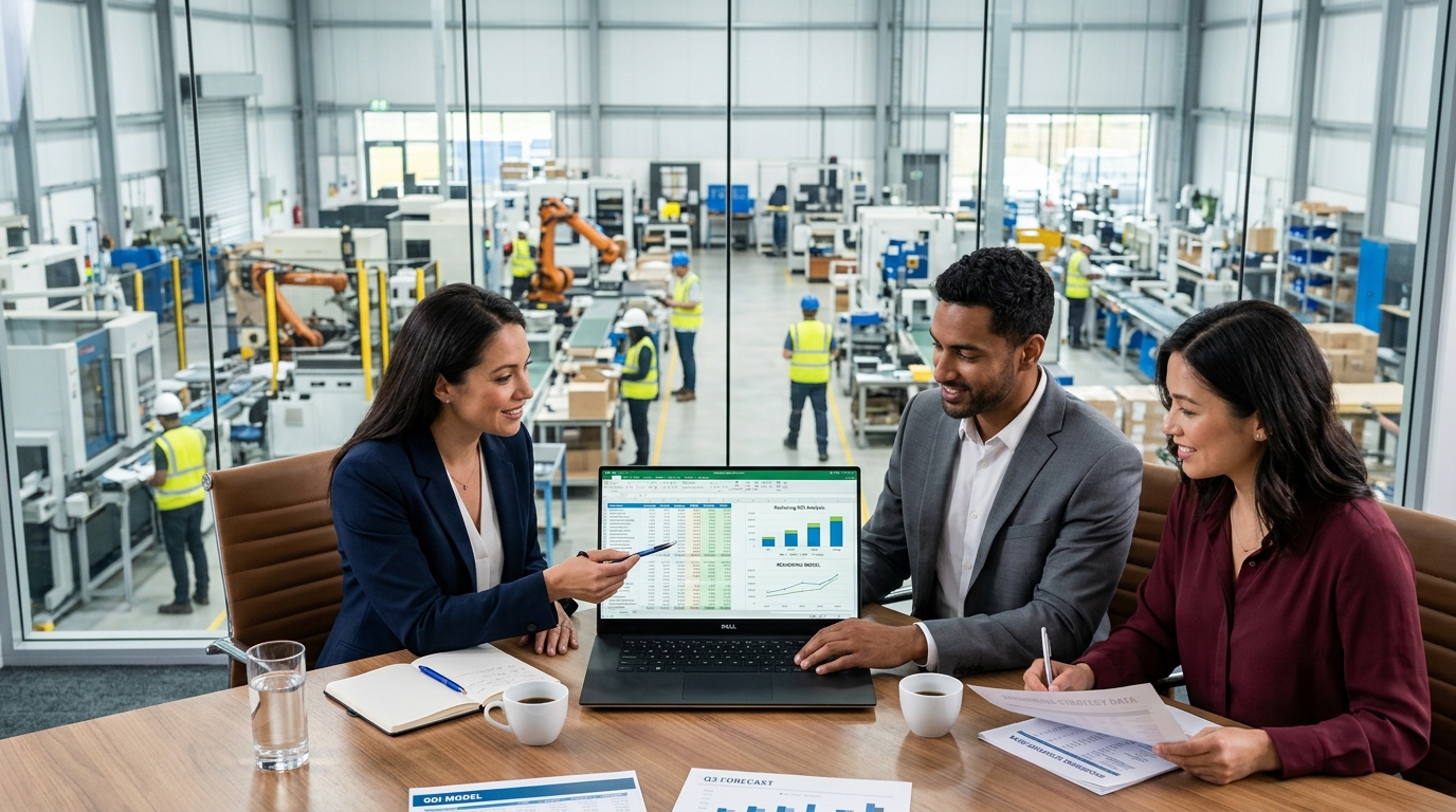 Finance team modeling reshoring ROI on a laptop with manufacturing floor in background