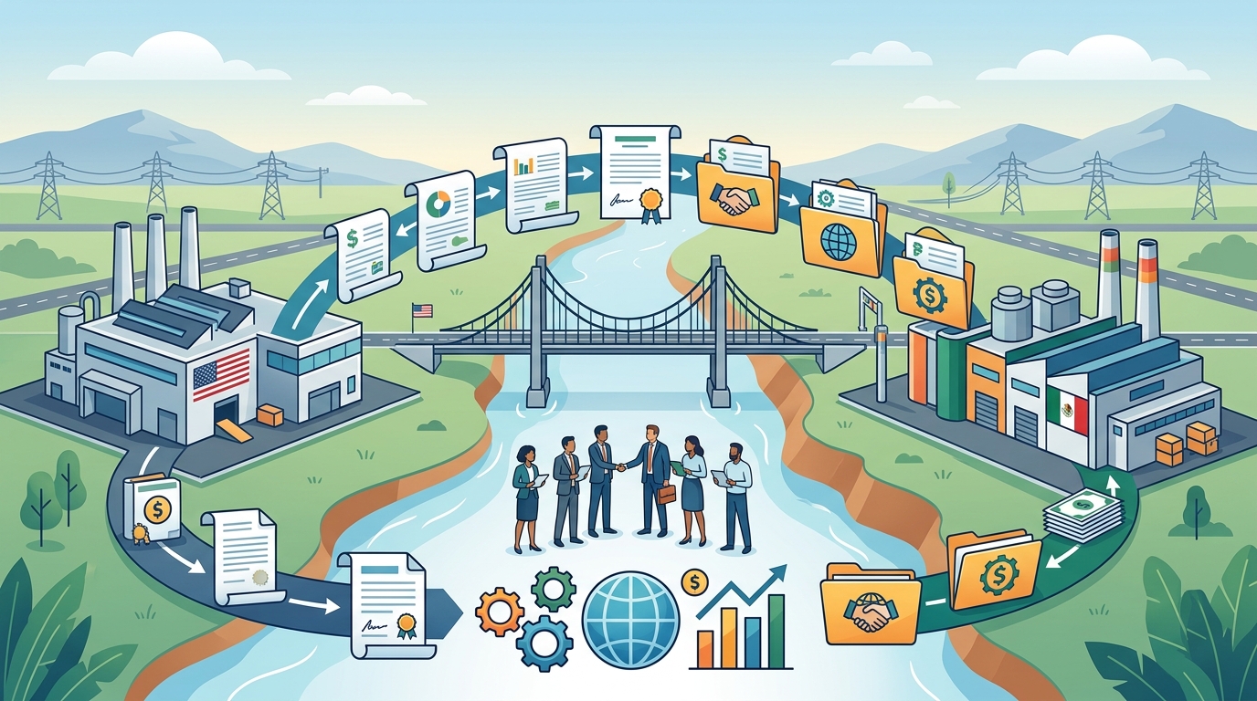 Cross-border manufacturing finance illustration showing US and Mexican facilities connected by trade documentation