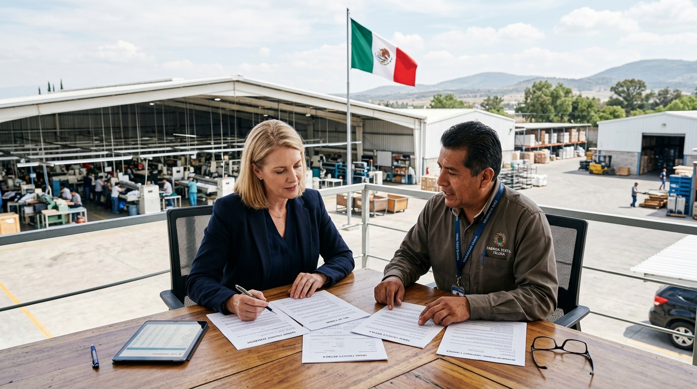 Manufacturing executive reviewing trade finance documents with a Mexican factory in the background
