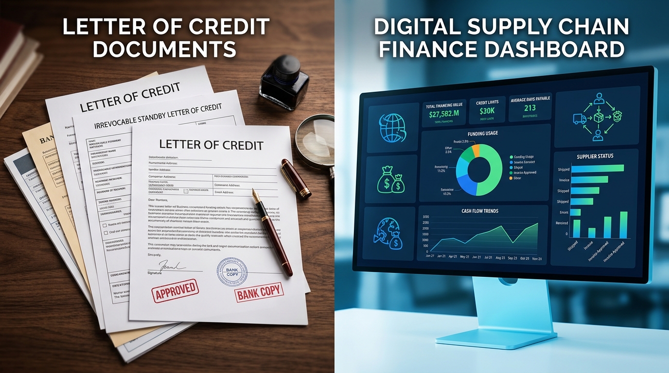 Side-by-side comparison of letter of credit documents and digital supply chain finance dashboard