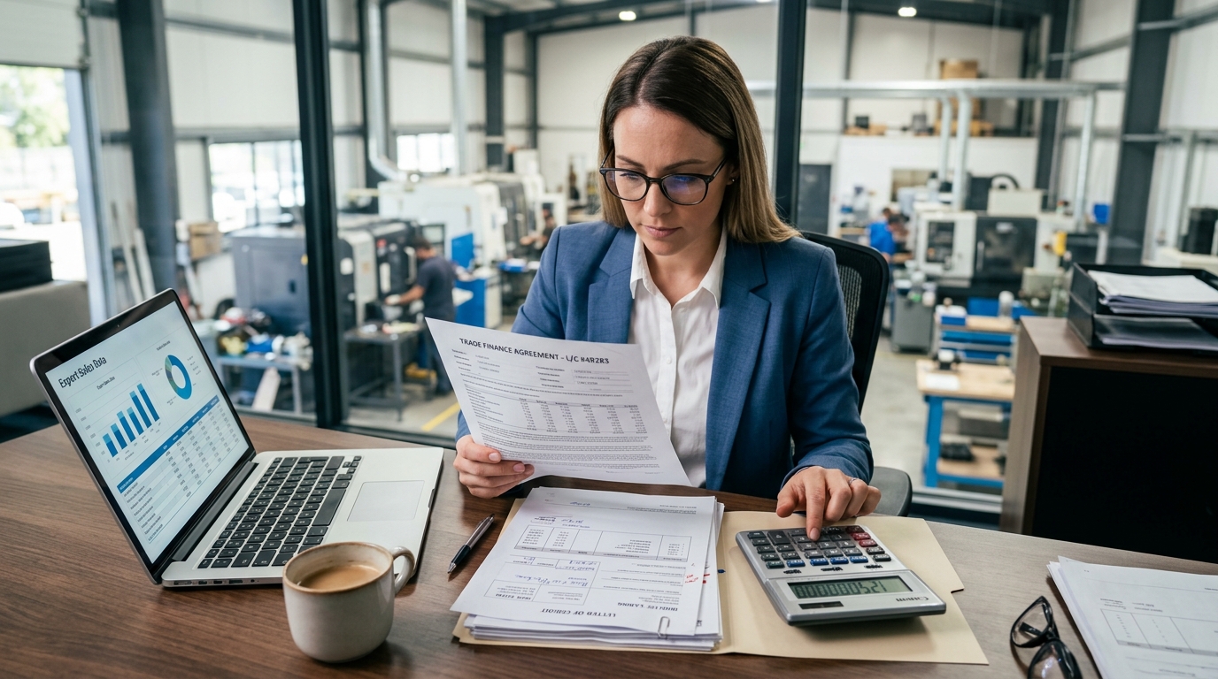 A manufacturer reviewing trade finance documentation with a calculator and laptop on a desk